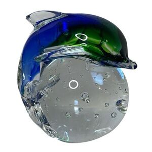 Hand Made Dolphin Paperweight Cobalt Blue Green Bubbles Clear Glass Ball Sphere